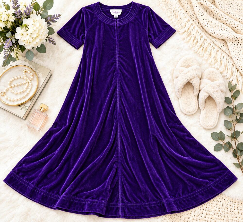 Vintage Vanity Fair Purple Velour Maxi House Dress Medium Made USA